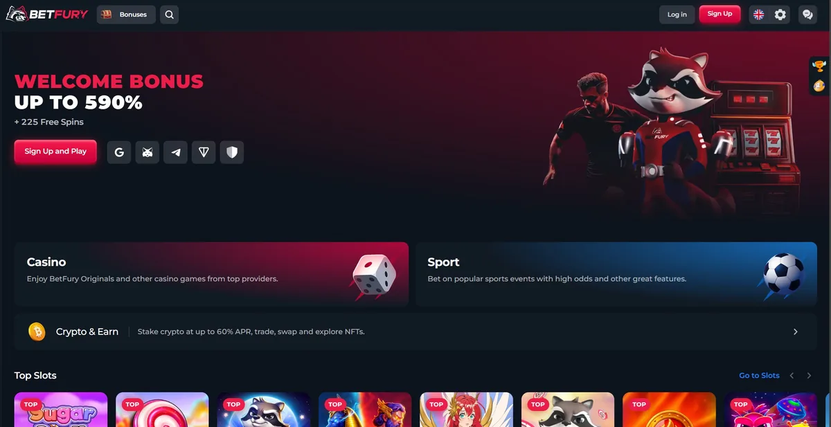 BetFury home page with account creation through Google, Telegram or a crypto wallet