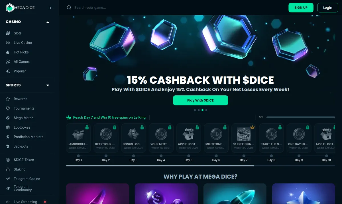 Mega Dice front page with a banner offering 15% cashback with the $DICE token and a Telegram Casino link