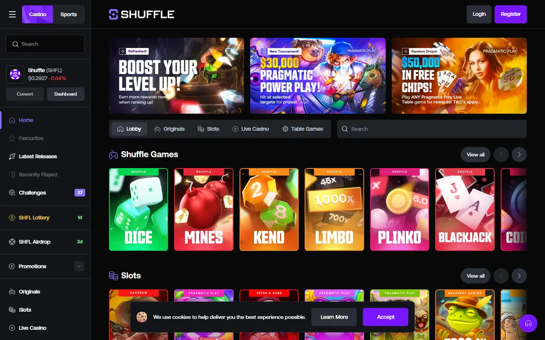Shuffle.com front page with Casino and Sports tabs, the SHFL price in the sidebar, SHFL Lottery and SHFL Airdrop links, and a Shuffle Games row of Dice, Mines, Keno, Limbo, Plinko and Blackjack