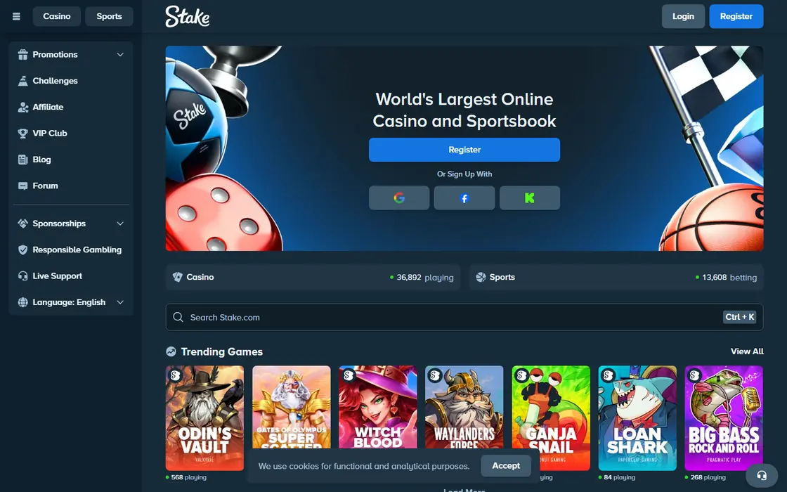 Stake.com front page with casino and sportsbook side by side, live player counts and trending slots