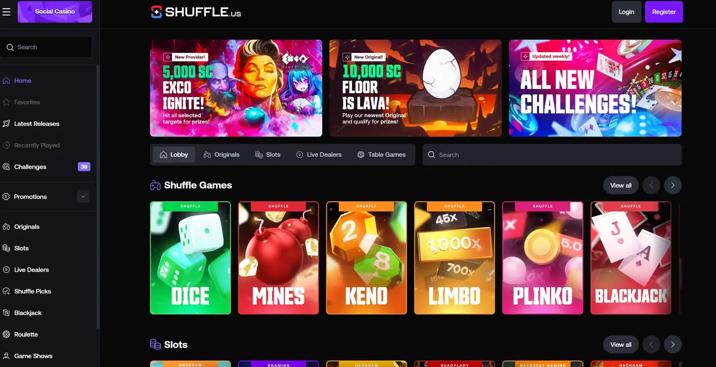 Shuffle.us front page with a Social Casino label, prize banners in Shuffle Cash and a Shuffle Games row of Dice, Mines, Keno, Limbo, Plinko and Blackjack