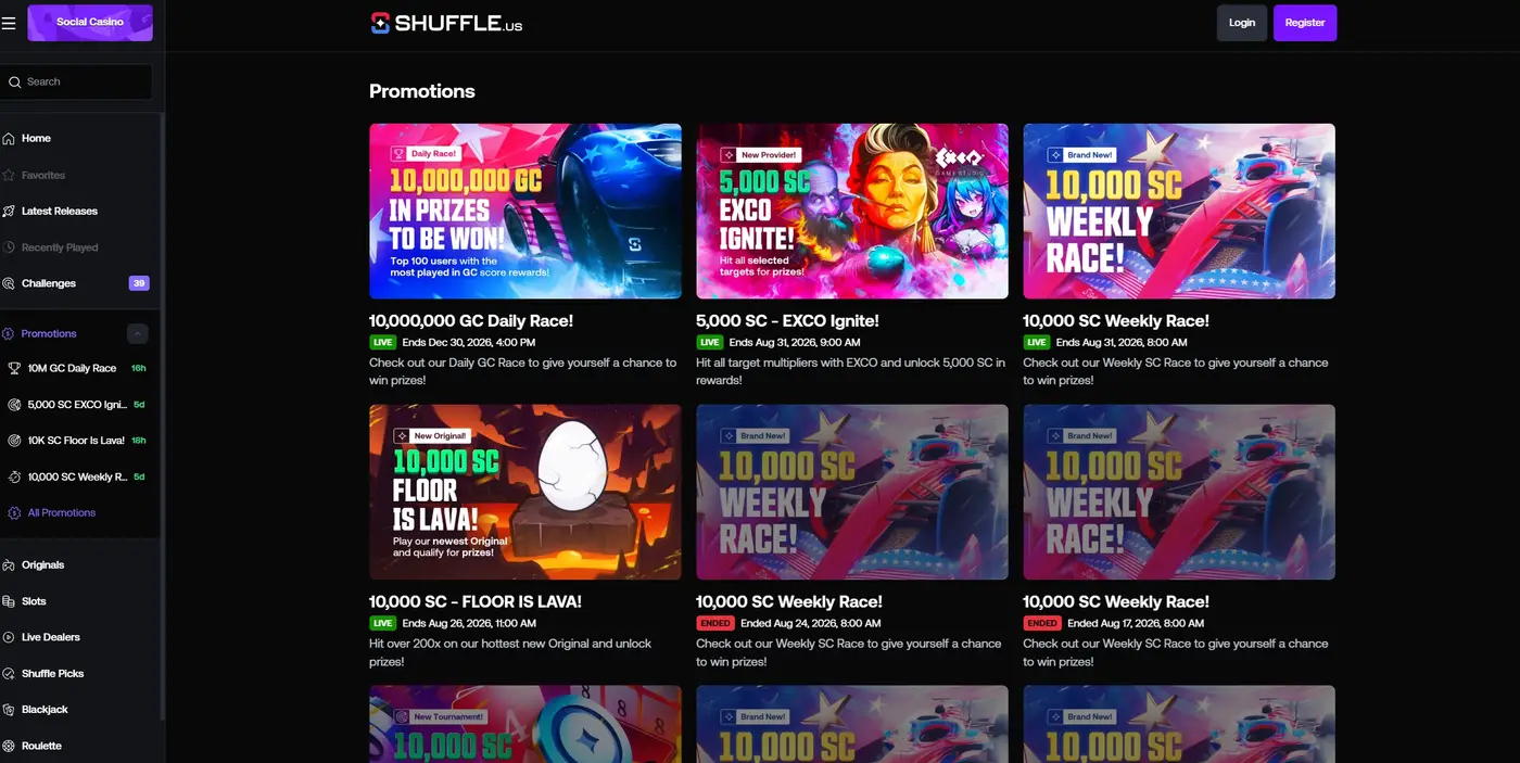 Shuffle.us promotions page with a 10,000,000 GC daily race, a 5,000 SC EXCO Ignite challenge and 10,000 SC weekly races
