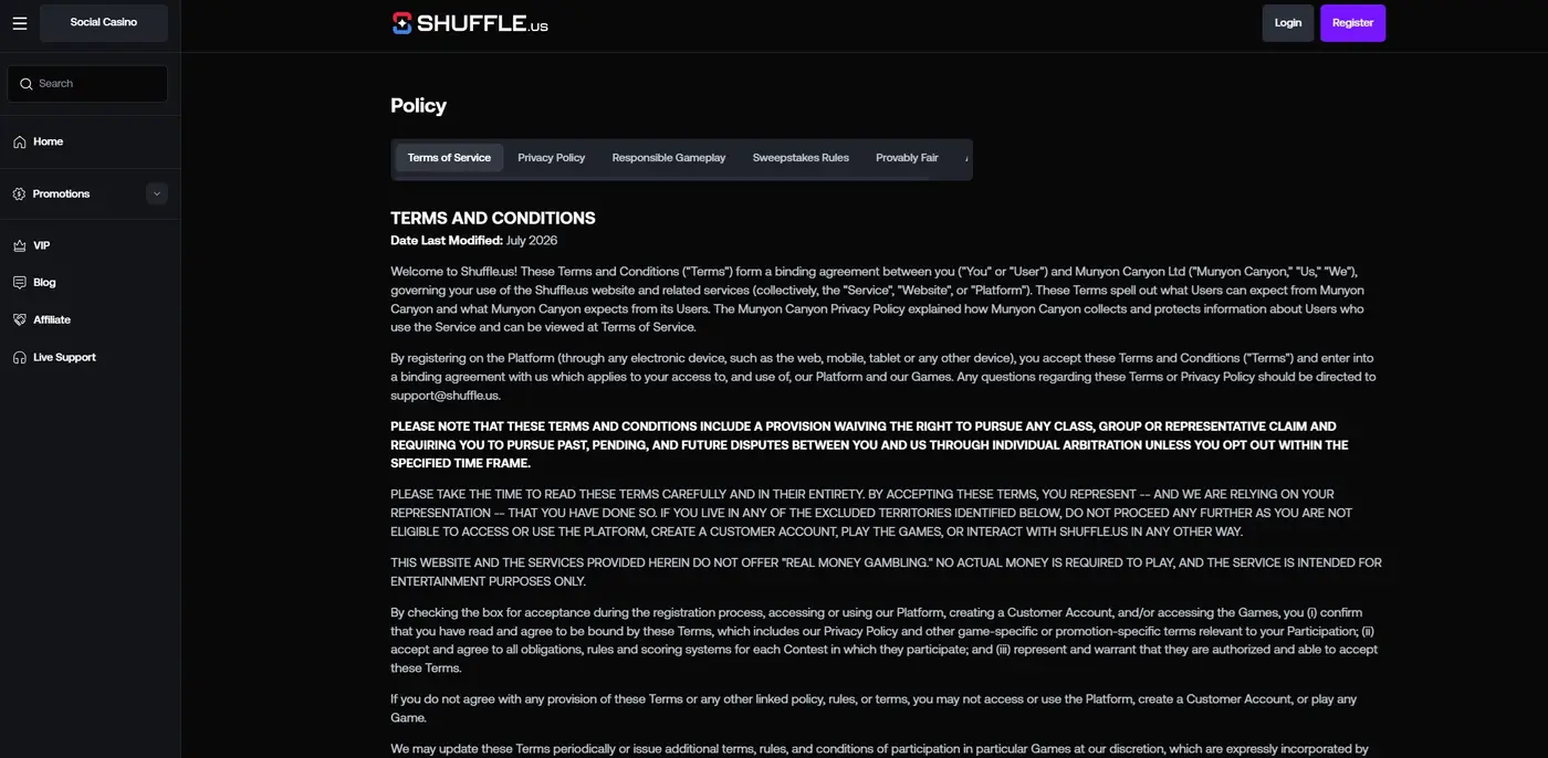 Shuffle.us terms and conditions, last modified July 2026, naming Munyon Canyon Ltd and stating in capitals that the site does not offer real money gambling