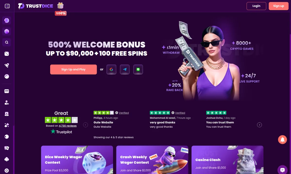TrustDice front page with a banner offering 500% up to $90,000 and 100 free spins