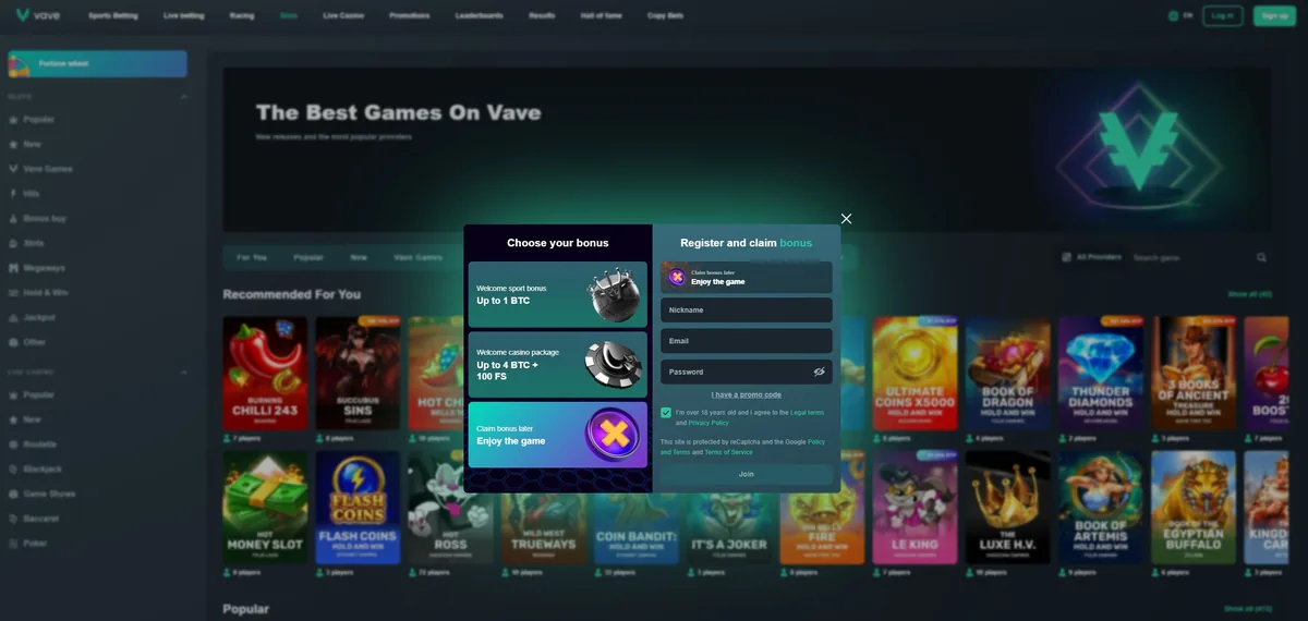 Vave lobby with the registration window open over the game tiles